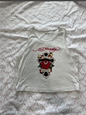 Ed Hardy White Kids Tank Top with Red Rose and Banner Graphic